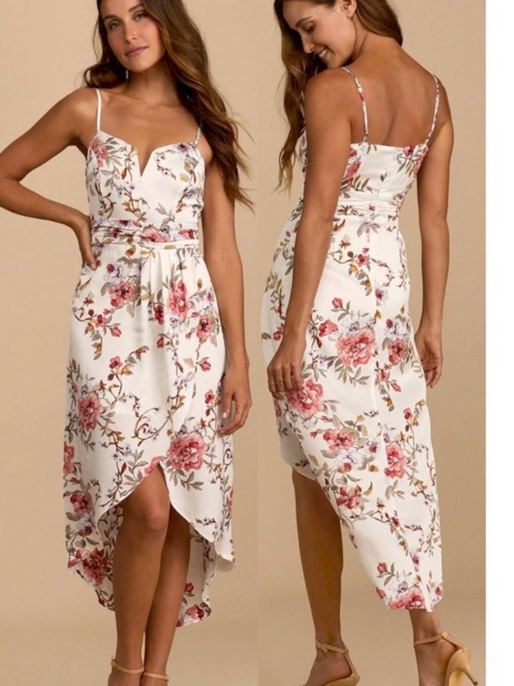 Lulu's White Floral Midi Dress with Pink Rose Print